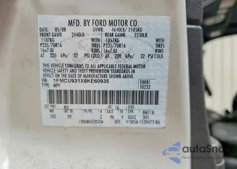 2008 Ford Escape Xlt из США, поврежденный, VIN 1FMCU931X8KE60935